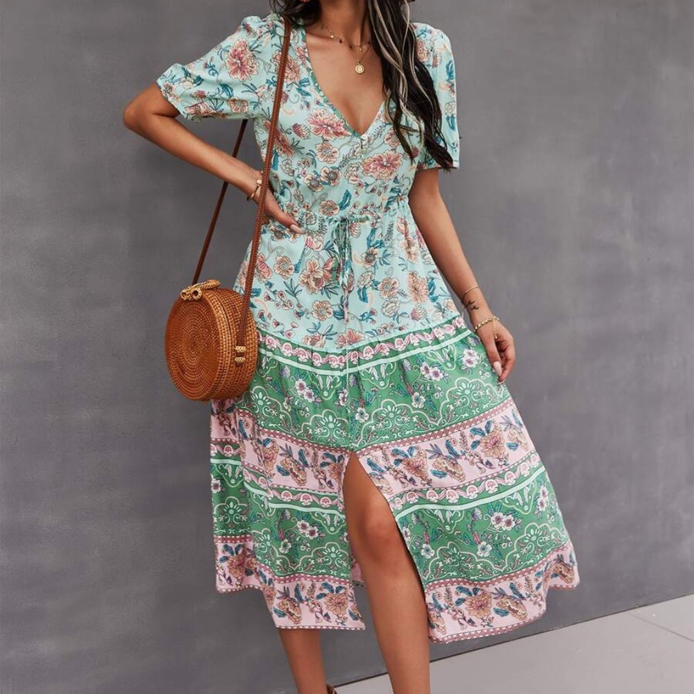 Boho Green Mint Floral Slit Button up Midi Dress - Picture 5 of 6